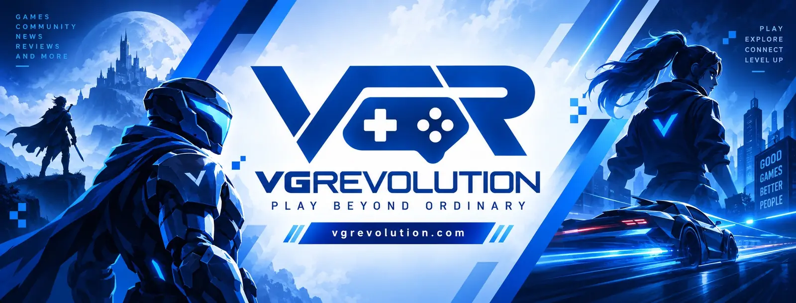 VGRevolution — Play Beyond Ordinary, set in a vivid blue gaming world